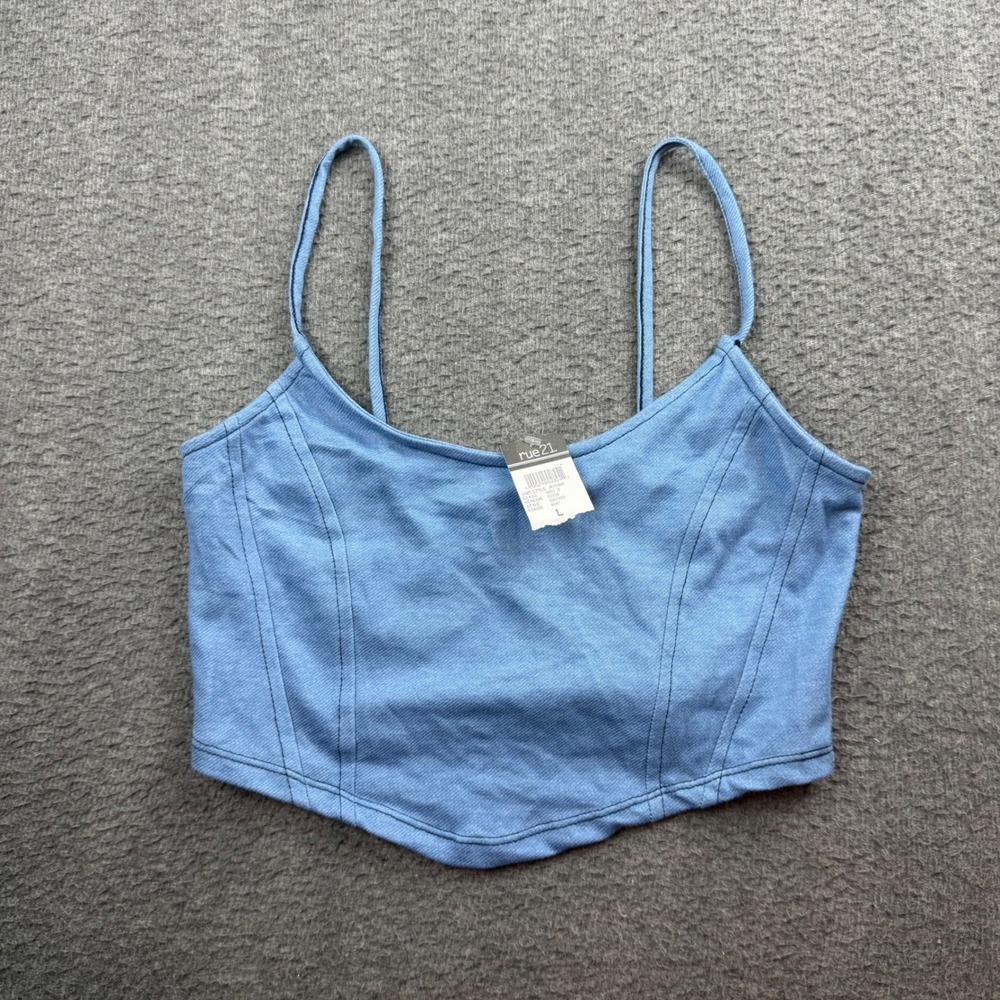 Rue 21 Corset Tank Top Women's L Blue Cropped Cami Spaghetti Strap JK15880